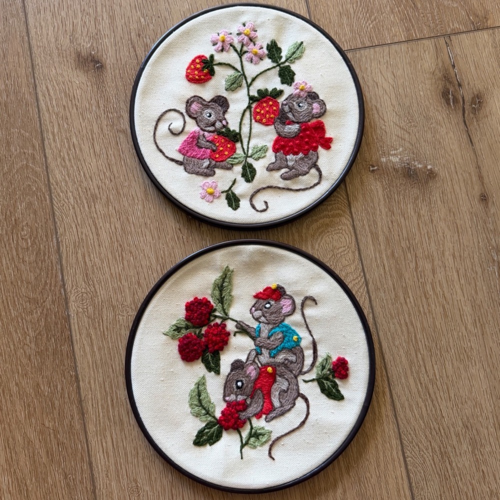 Vintage Handmade Mouse Embroidery Hoop Art Set of 2 Strawberry Raspberry